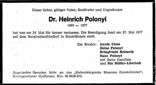 Polonyi Heinrich 1883-1977 Todesazeige